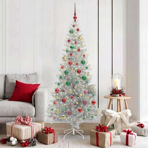 vidaXL Božično drevo med 300 LED z stojalom srebrna 180 cm PET Cene