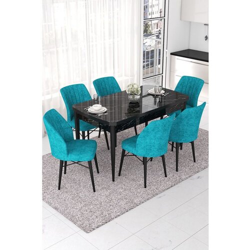 Hanah home Nef - Black Marble, Turquoise Black MarbleTurquoise Extendable Dining Table & Chairs Set (7 Pieces) Cene