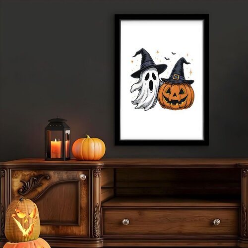 Wallxpert uramljena MDF slika 3752HALCT-015, Noć ve&amp;scaron;tica, duh i bundeva sa ve&amp;scaron;tičjim &amp;scaron;e&amp;scaron;irima, 37 x 52 cm Slike