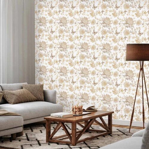  Tapeta - Beige flowers and butterflies on white background 50x1000 Cijene
