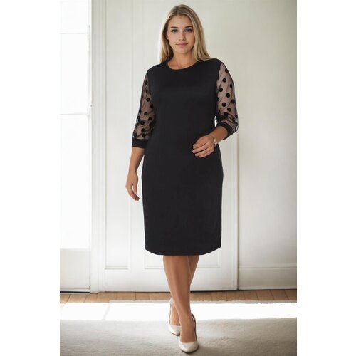 Dewberry 97062 Polka Dot Flocked on Sleeves Plus Size Dress-BLACK Cene