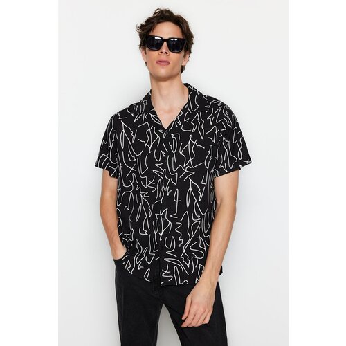 Trendyol Men's Black Regular Fit Geometric Patterned Wide Collar Plus Size Shirt Slike