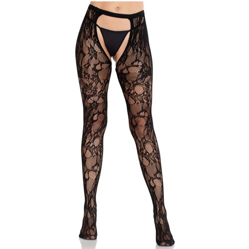 LEG AVENUE HOSIERY LEG AVENUE - ROSE LACE STOCKINGS WITH OPEN BACK BLACK Slike