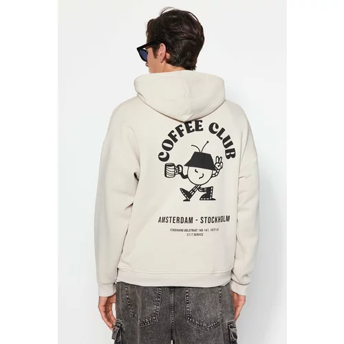 Trendyol Stone Men's Oversize/Wide-Cut Hooded Fluffy Text and Fleece Inside Cotton Sweatshirt.