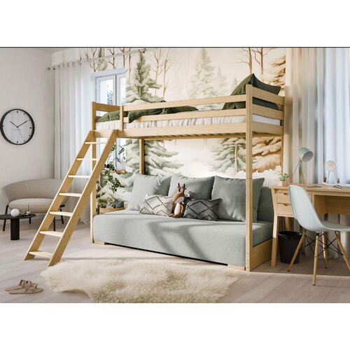 Molarem Home Drveni dječji krevet na kat Sofino na razvlačenje - svijetlo drvo - 90x200/140x200 cm - Madrac PE pjena 8 cm-spužvasti madrac Cijene