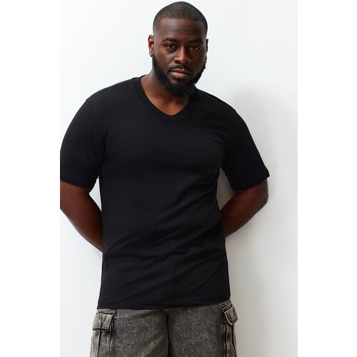 Trendyol plus size black men's slim/narrow fit v neck 100% cotton comfort t-shirt Slike
