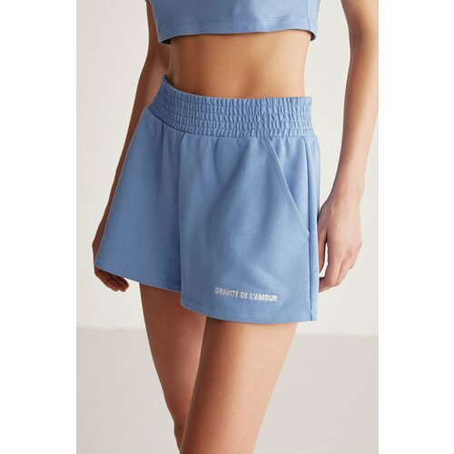 GRIMELANGE Carrol Women's Embroidered Blue Shorts with Elastic Wais Slike