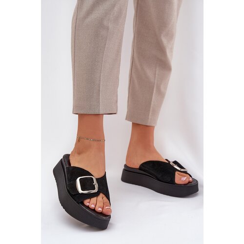 Zazoo Women's Suede Slides With Buckle On Platform Black 3019 Cene