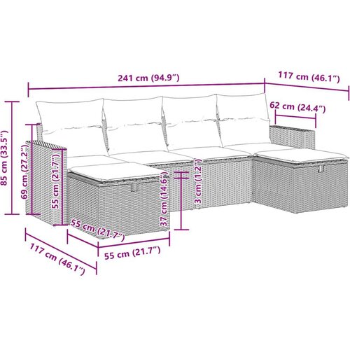 VidaXL 6-dijelni set vrtnih sofa s jastucima crni od poliratana Slike