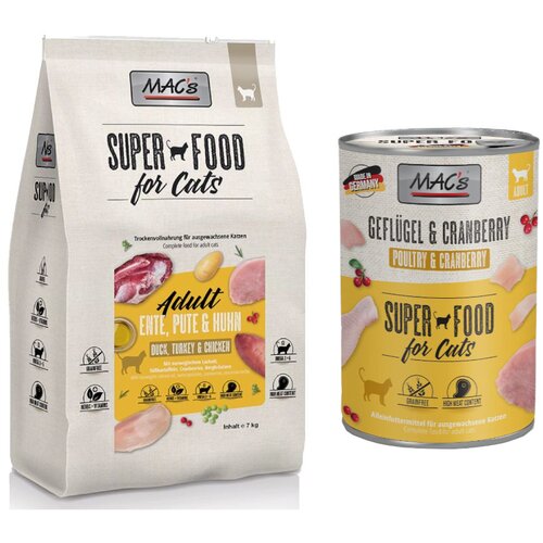  MAC&acute;s set: 12 x 400 g mokra hrana + 2 x 1,5 kg Superfood suha hrana - Perad i brusnica 12 x 400 g + Adult patka, puretina i piletina 2 x 1,5 kg Cijene