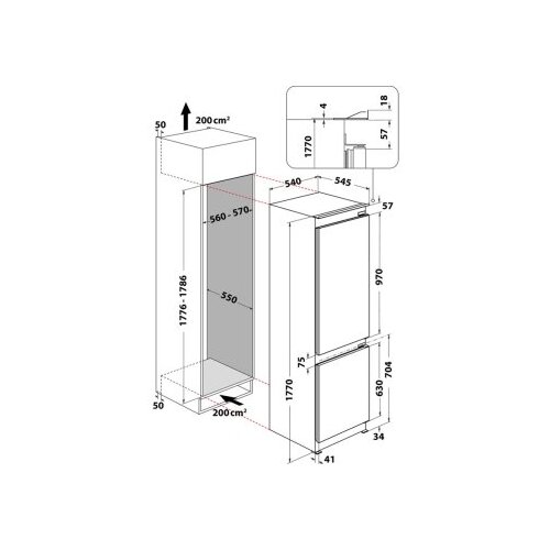 Whirlpool frižider WHC18 T132 kombinovani/ugradni/E/182+68L/177x54x54,5cm/Total no frost/bela Slike