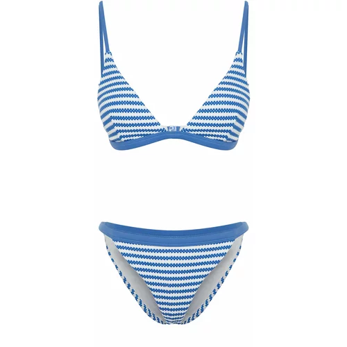 Trendyol White-Blue Striped Triangle Textured Bikini Set
