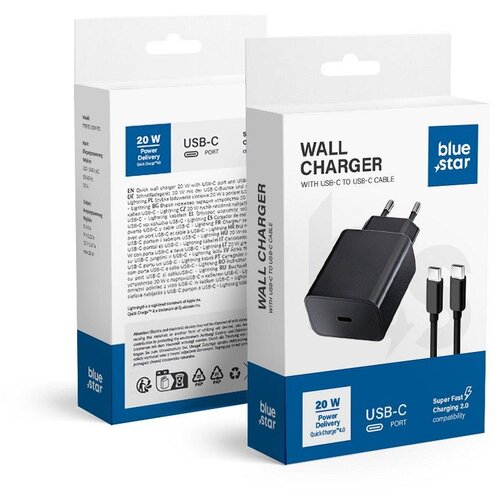 Blue Star kućni punjač  usb-c socket + type c na type c kabal 3A 20W sa pd i qc 4.0 funkcijom crni Cene