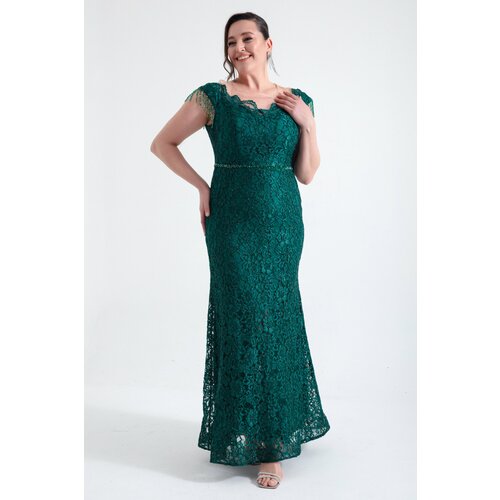 Lafaba Women's Emerald Green Laced Sleeves Beaded Plus Size Evening Dress Slike