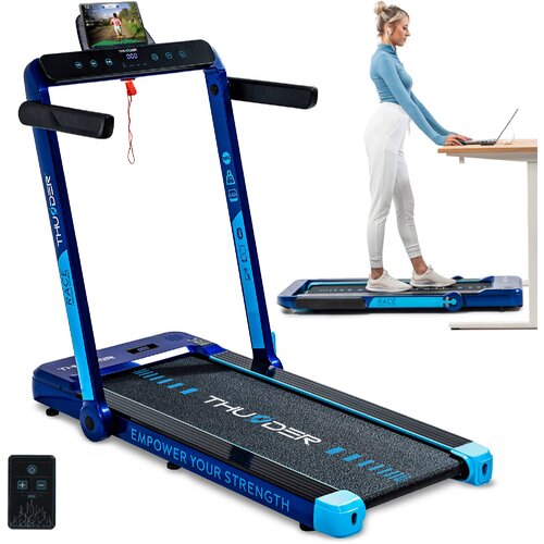 THUNDER Električna pod-biro zložljiva tekalna steza &reg; RACE-BLUE &ndash; 14 km/h, 2 KM, 14 cm nizka zasnova, Bluetooth, nosilnost 130 kg, (5000089505) Cene