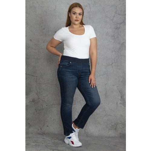 Şans Women's Large Size Navy Blue Waist Ribbed Elastic Lycra Jeans Slike