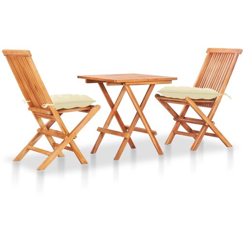 Bistro 3-dijelni bistro set s krem bijelim jastucima masivna tikovina Slike