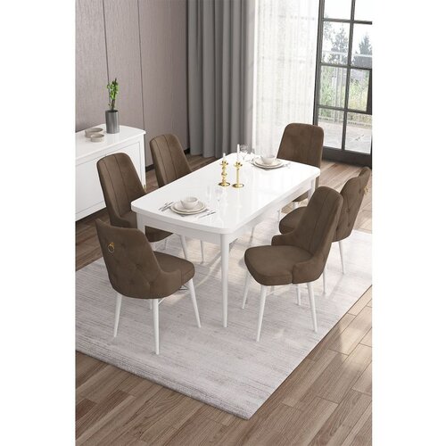 Hanah home Are - White, Brown WhiteBrown Extendable Dining Table & Chairs Set (7 Pieces) Cene