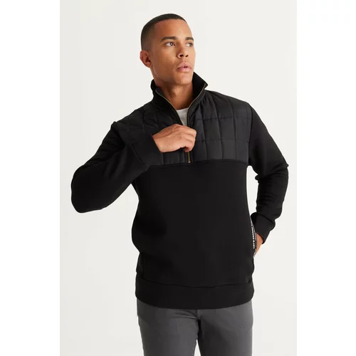 Altinyildiz classics Men's Black Standard Fit Normal Cut, Inner Fleece 3 Threads, Bato Collar Patterned Cotton Sweatshirt.