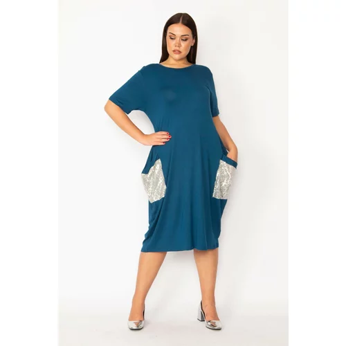Şans Women's Plus Size Oil Pocket Sequin Detail Viscose Dress