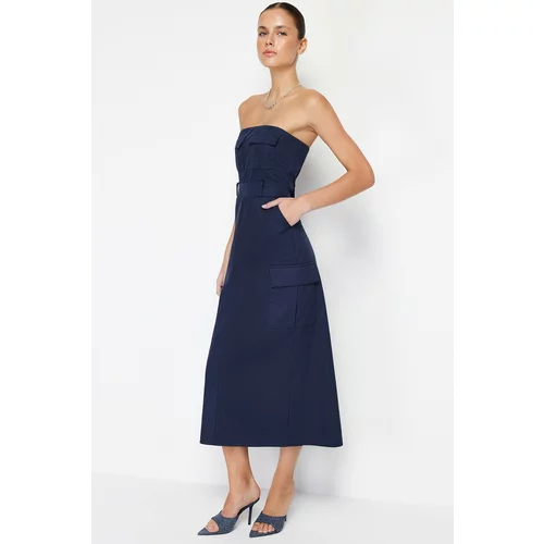 Trendyol Navy Blue Straight Cut Midi Strapless Pocket Detailed Gabardine Woven Dress