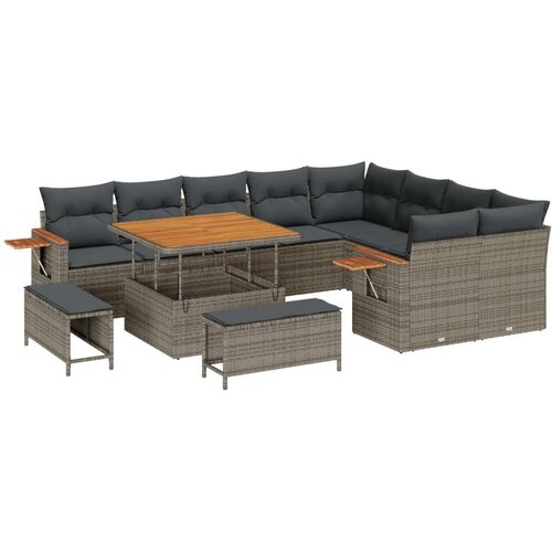  12-dijelni vrtni sofa set s jastučićima siva Poly rattan akacija Vrtna garnitura - 3-dijelni vrtni blagovaonski set s jastučići Cene