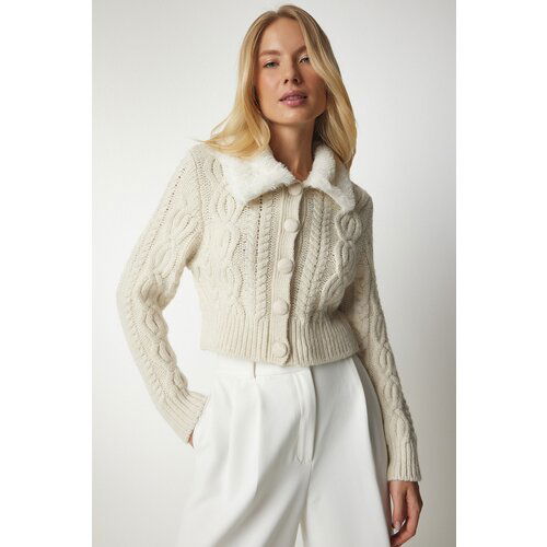 Happiness İstanbul Women's Cream Shearling Collar Patterned Knitwear Cardigan Slike