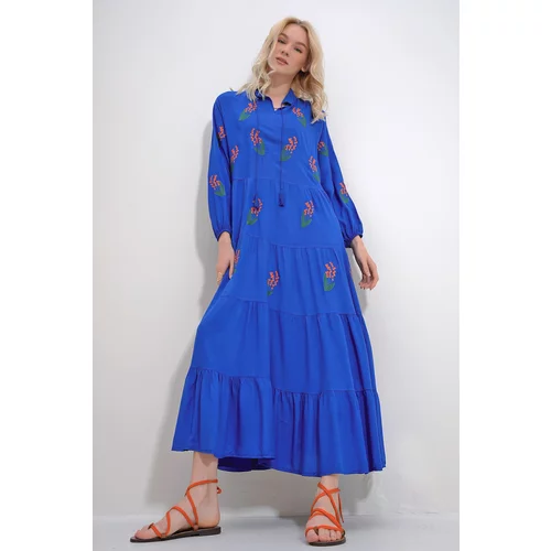 Trend Alaçatı Stili Women's Maxi Collar Embroidered Layered Flounce Woven Dress