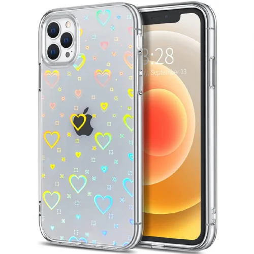 Onasi Clear Case silikonski ovitek Hologram za iPhone 14 Pro - prozoren s srčki