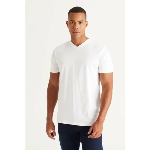 AC&Co / Altınyıldız Classics Men's White 100% Cotton Slim Fit Slim Fit V-neck Short Sleeved T-Shirt.