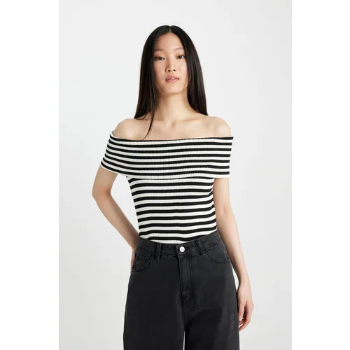 Defacto Fitted Striped Open Shoulder Knitwear T-Shirt