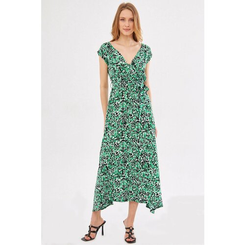 armonika Women's Green Efta Dress Back And Front Double Double Breasted Belted Patterned Midi Length Cene