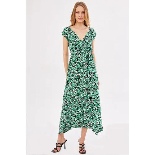 armonika Women's Green Efta Dress Back And Front Double Double Breasted Belted Patterned Midi Length