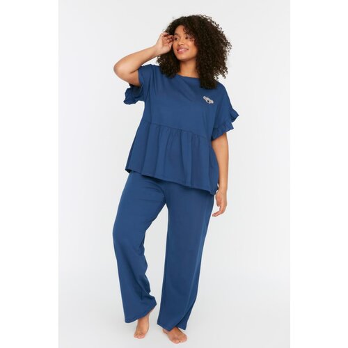 Trendyol Curve Navy Blue Embroidered Flywheel Knitted Pajamas Set Slike