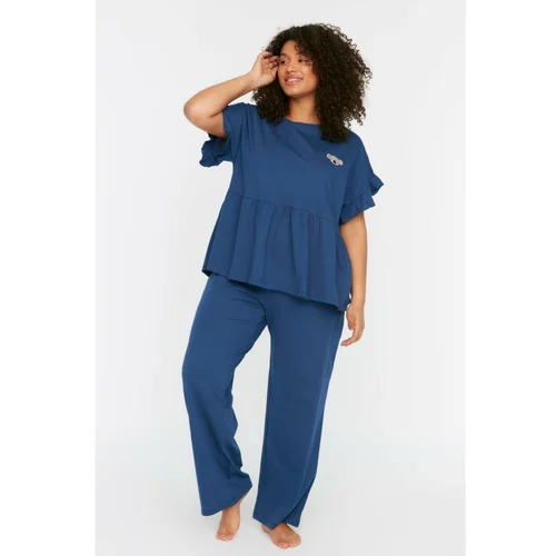 Trendyol Curve Navy Blue Embroidered Flywheel Knitted Pajamas Set