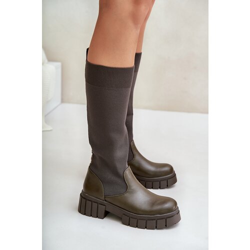 FS1 Knee Boots With Elastic Shaft On Flat Heel Light Beige Mesidra Cijene
