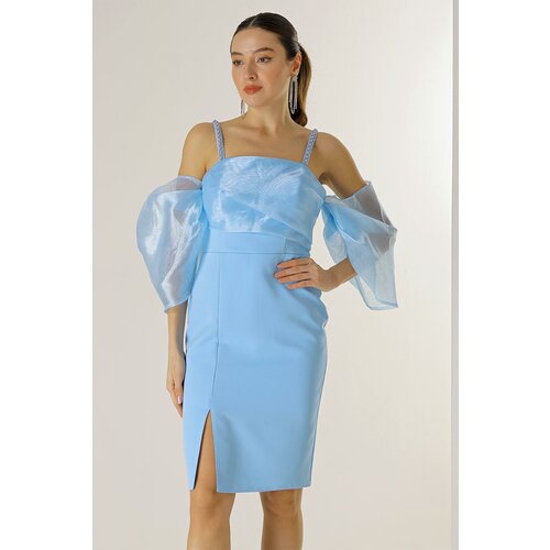 By Saygı Bead Detail Straps Organza Low Sleeve Lined Crepe Dress Cene