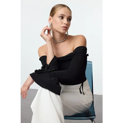 Trendyol Black Carmen Collar Tie Detailed Spanish Sleeve Knitted Stylish Blouse