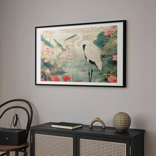  Plakat - Over the Asian Pond - illustration in the Japanese print style featuring a heron 60x40 Crni okvir s margom Slike