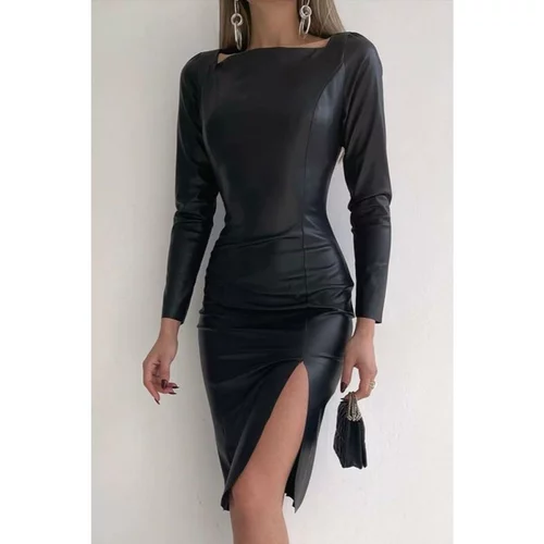 Fenzy elegatna mini obleka iz umetnega usnja z razporkom urania, črna