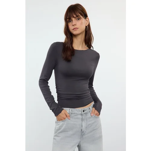  Anthracite Fitted/Fits the Body Gathered/Drape Detailed Boat Neck Flexible Knitted Blouse