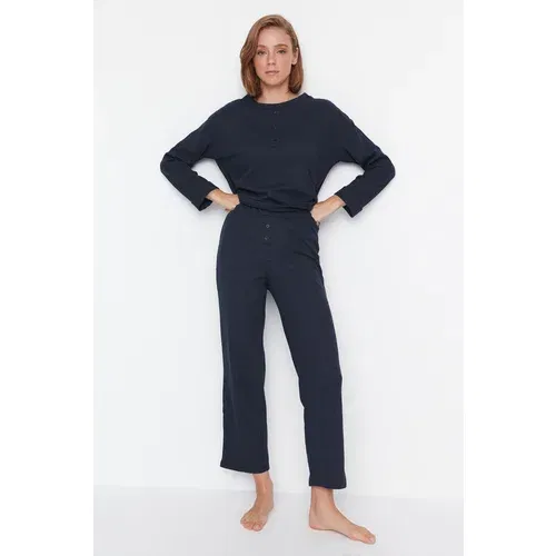 Trendyol Indigo Pat Detailed Waffle Knitted Pajamas Set