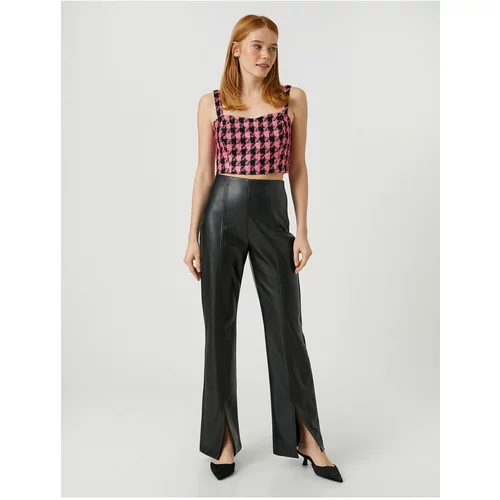 Koton Slit Trousers. Leather Look Ribbed Wide Leg.