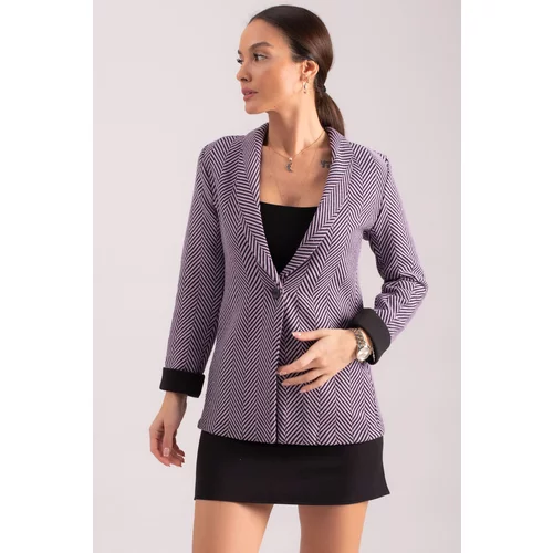 armonika Women's Lilac Herringbone Pattern Fold Sleeve Single Button Cachet Jacket