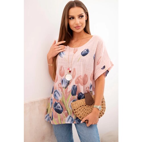 Kesi Włoski Women's cotton shirt with a floral pattern powder pink Cijene