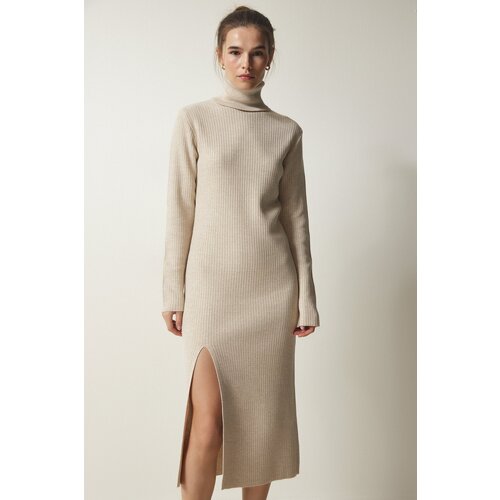  Women&amp;#039;s Beige Turtleneck Slit Knitwear Dress Slike