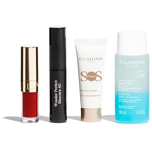 Clarins Make-up Essentials set: maskara Wonder Perfect Mascara 4D 3 ml + olje za ustnice Lip Comfort Oil 1,4 ml 03 Cherry + podlaga za ličila SOS Primer White 10 ml + odstranjevalec ličil za oči Instant Eye Make-up Remover 30 ml odtenek 01 Perfect Black Cene