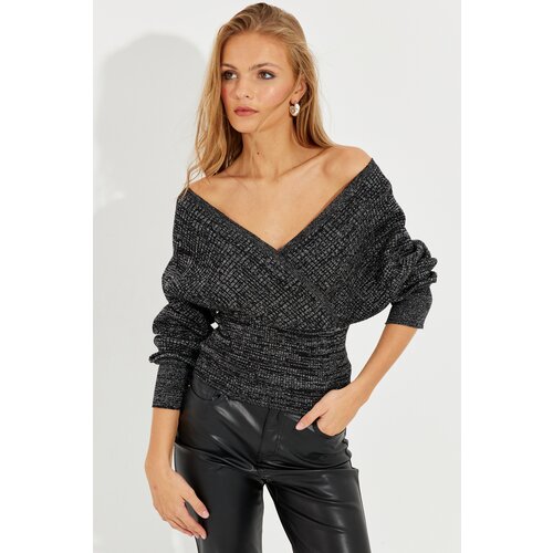Cool & Sexy Women's Black-Silver Double Breasted Silvery Sweater Cene