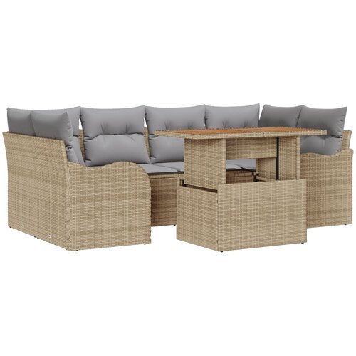 VidaXL 7-dijelni Vrtni Sofa Set s Jastučićima Bež Poli Ratan Akacija, Dvosjed Vrtna Sofa s Jastučićima Bež Poli Ratan Slike