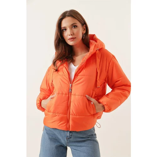By Saygı Elastic Waist, Inflatable Coat Orange with a Hooded Pocket and Lined.